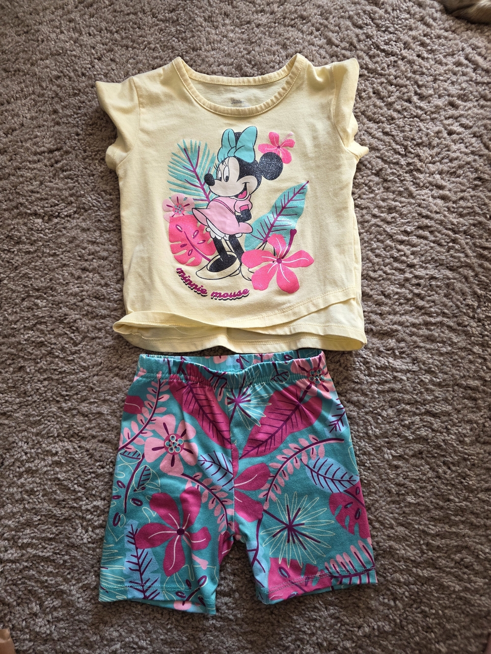 Disney Yellow Top with Teal and Pink Floral Shorts Pajama Set